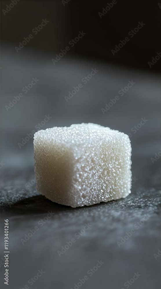 Poster sugar cube resting on a dark surface, highlighting sugar intake, addiction, and health risks while p