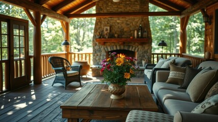 Fototapeta premium Rustic Log Cabin Porch with Cozy Seating, Fireplace, and Vibrant Flower Arrangement