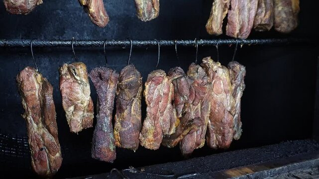 Delicious balyk of meat hanging in the smokehouse