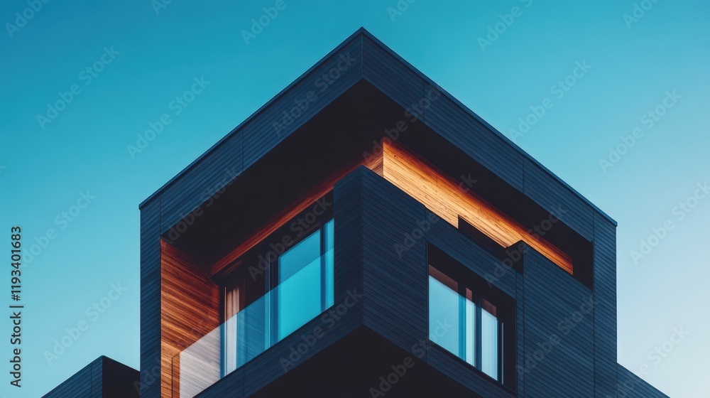 Poster a detailed close-up view of a building against a clear blue sky, highlighting architectural features