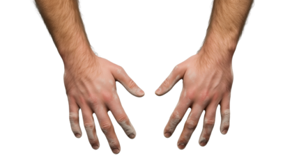 Baker's Hands Covered in Flour, Open Palms and Fingers, Isolated on Transparent Background. Cutout. PNG.