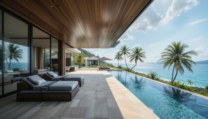 Fototapeta premium Luxury Villa Living Area with Infinity Pool and Ocean View
