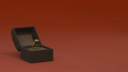 A minimalist scene featuring a black jewelry box containing a gold engagement ring, standing out against a bold red background. Perfect for themes of proposals, gifts, and luxury