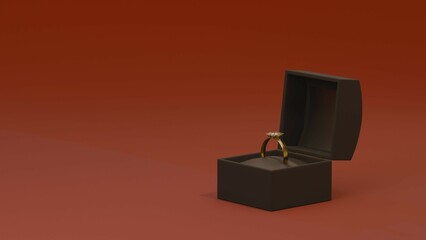 Open jewelry box with gold engagement ring on a bold red backdrop