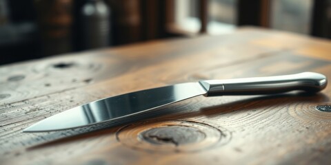 Obraz premium Sleek metallic knife rests on rustic wooden surface