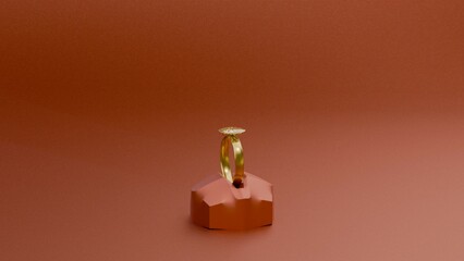 Modern gold ring on a faceted pedestal with red tones