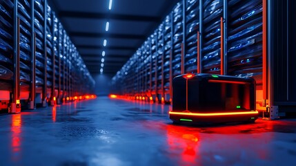 Autonomous robotic vehicle navigating a high-tech storage facility with glowing lights