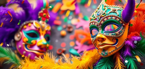 Brazilian Carnaval celebration with colorful masks and glittering confetti in a bokeh-lit backdrop, Ai generated Images