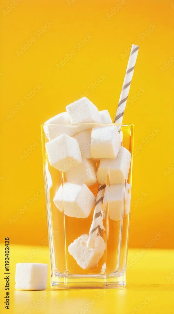 Poster sugar cubes filling a glass with a straw symbolize excessive sugar intake and the potential health r