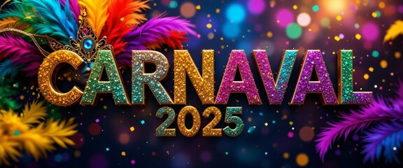 CARNAVAL 2025' festive Brazilian Carnaval banner with colorful masks, confetti, and feathers in a bokeh backdrop, Ai generated Images