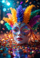Colorful Carnaval mask with feathers, confetti, and glowing glitter against a radiant bokeh background, Ai generated Images