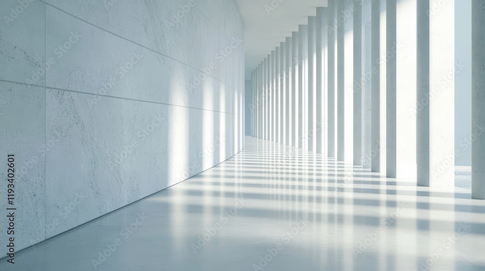 Poster a serene hallway featuring elegant white columns illuminated by soft light, creating a tranquil and 