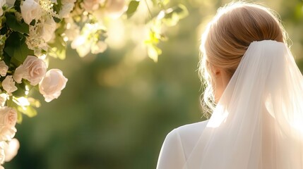 Naklejka premium A romantic outdoor wedding scene, the bride standing under an arch of fresh flowers, golden sunlight illuminating her smile.