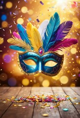 Festive Carnaval mask with vibrant feathers, confetti, and glowing glitter for promotional use, Ai generated Images