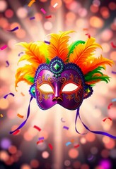 Radiant Carnaval mask with feathers, glitter, and confetti for social media campaigns, Ai generated Images