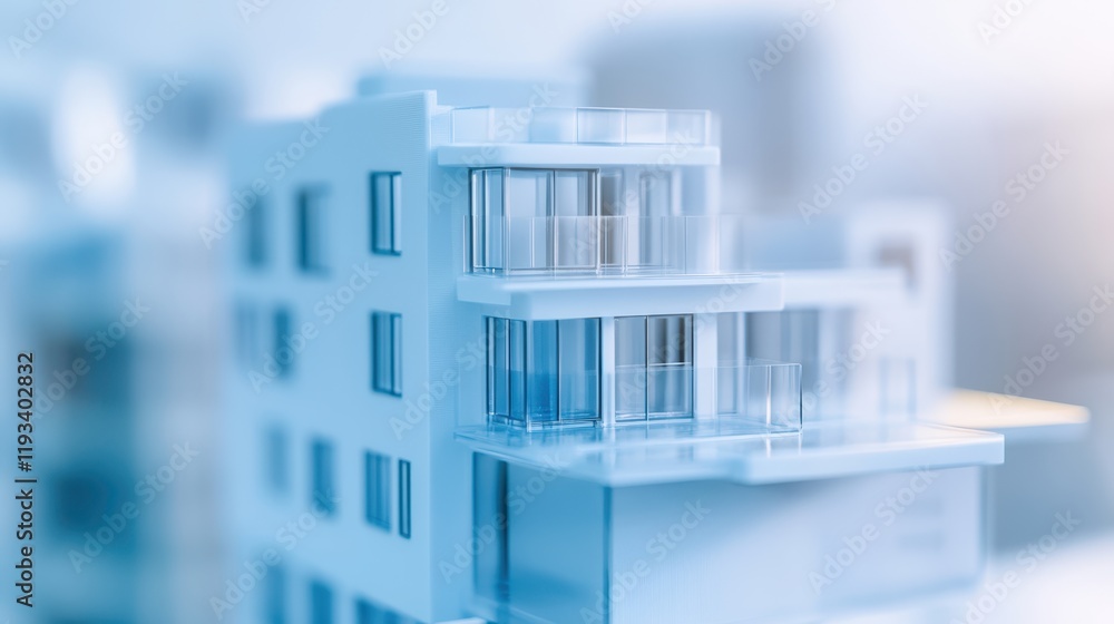 Poster a detailed model of a modern building featuring numerous windows, showcasing architectural design an
