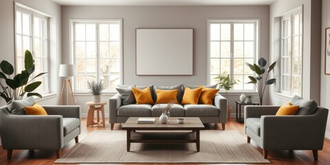Modern living room interior design with gray sofas and orange throw pillows