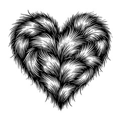 Obraz premium heart formed by flowing, textured fur strands, symbolizing love, warmth, and connection sketch engraving generative ai PNG illustration. Scratch board imitation. Black and white image.