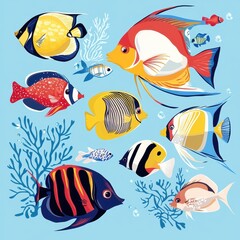 Naklejka premium Colorful Tropical Fish and Coral Reef Scene