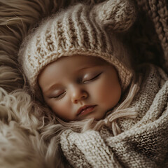 Sweet dreams for this peaceful sleeping baby, snuggled in a cozy knitted hat and sweater.