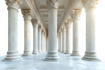 Naklejka premium magnificent side view of the supreme court's marble columns, intricately carved, showcasing shadows and light play, evoking a sense of justice and architectural beauty, isolated on white