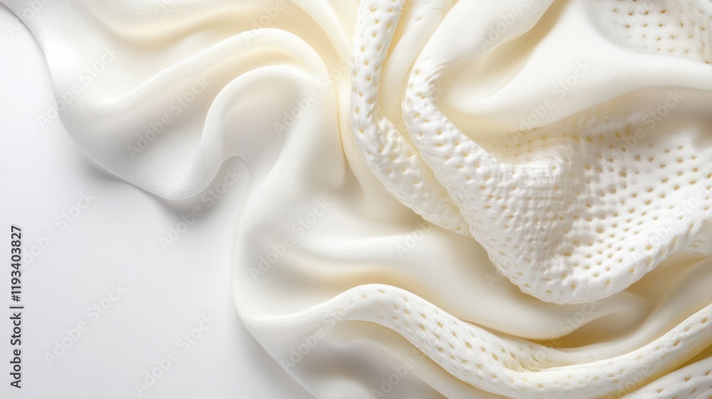 Poster a detailed close-up showcasing a white cloth against a pristine white background, emphasizing textur