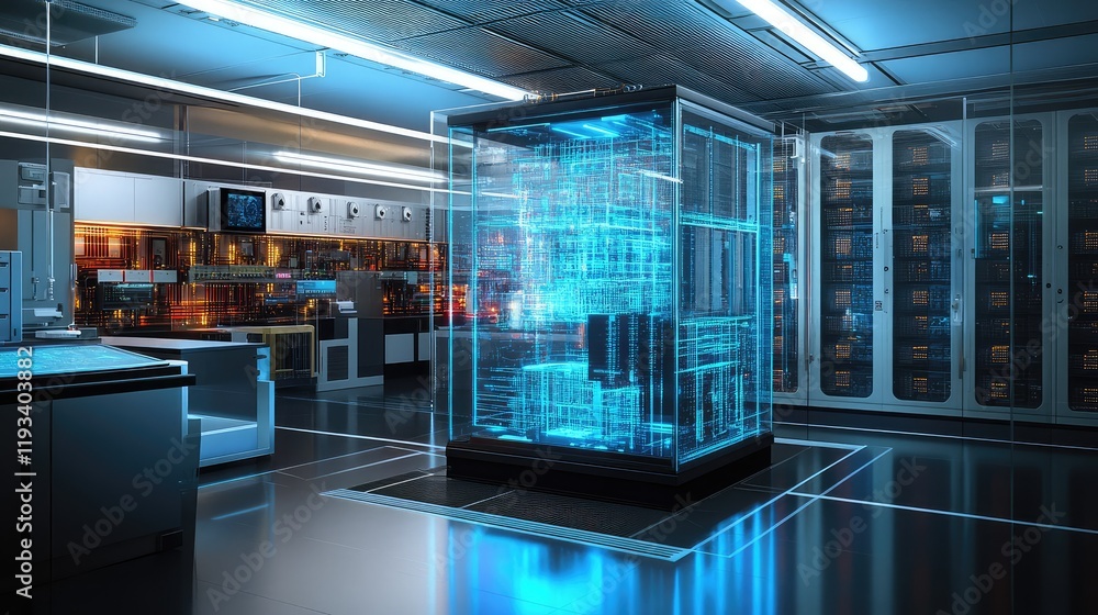 Poster 3d visualization of a quantum computer, showing quantum circuits, superposition states, and entangle