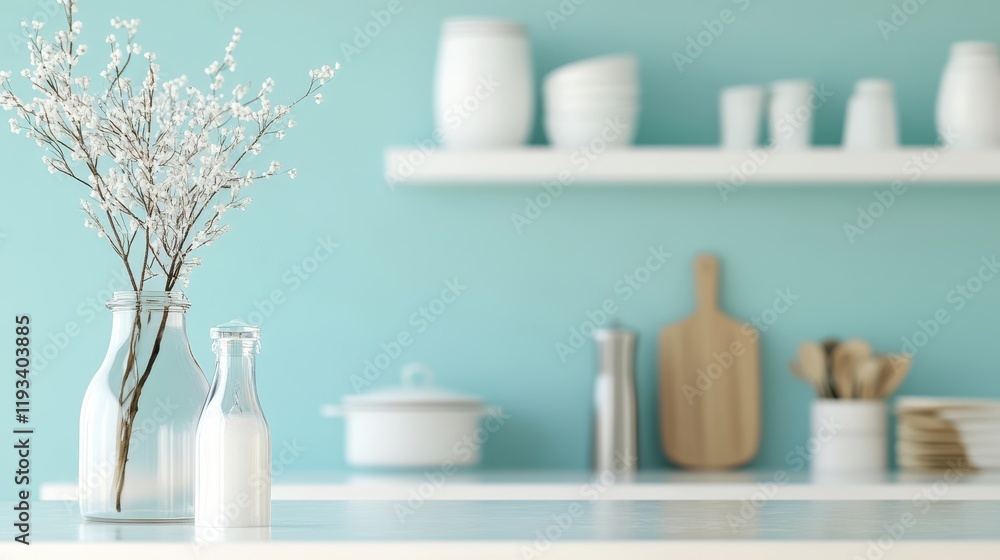 Poster two elegant vases filled with vibrant flowers are placed on a stylish counter, creating a cheerful a