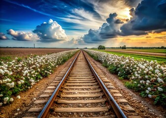 Dirt Road Crossing Railroad Tracks Towards Cotton Field - Rural Landscape