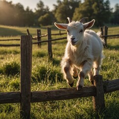 A playful young goat stands in a sunny pasture among daisies and wooden fencing little funny baby goat jumping in the field with flowers

