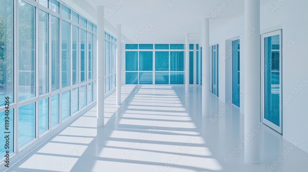 Poster a spacious hallway features a pool and large windows, creating an inviting atmosphere filled with na