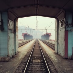 Fototapeta premium A train approaches a tunnel on railway tracks, highlighting the dynamic movement and infrastructure of transportation in a confined space.