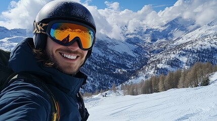 A snowboarder smiles for a photo during an off-piste skiing adventure in the snowy European Alps, showcasing breathtaking mountain sceneries under clear skies. An inspiring winter sports and travel .