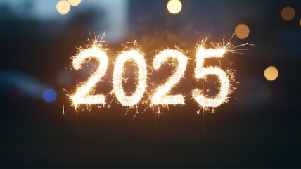 The year 2025 is created using festive sparklers on a dark backdrop.