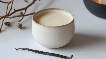 Fototapeta premium A steaming cup of white hot chocolate, served in a minimalistic white ceramic cup with a vanilla pod resting beside it.