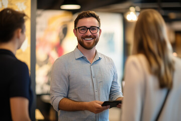 Smiling man engaging in conversation during a workplace introduction.