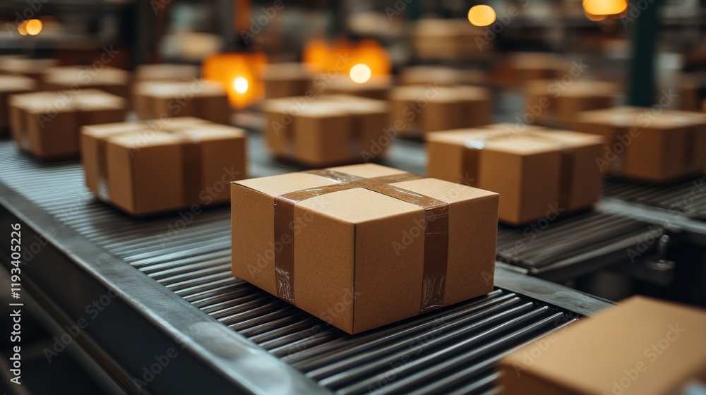 Poster close-up of cardboard boxes on a conveyor belt in a warehouse setting, representing efficient logist