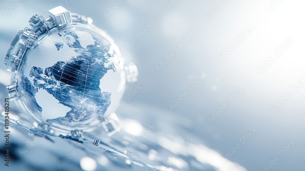 Poster a small globe rests atop a computer keyboard, surrounded by numerous dots, symbolizing global connec