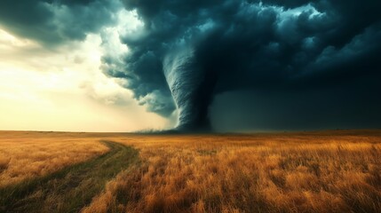 Dramatic Tornado Sweeping Through Open Grasslands Under Dark Stormy Sky