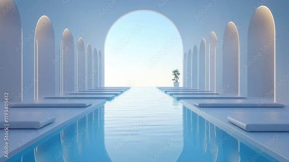 Poster a serene long pool adorned with a beautiful vase filled with vibrant flowers, creating a tranquil an