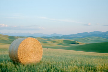 A pile of fresh hay bales stacked in a field with rolling green hills, banner farm countryside