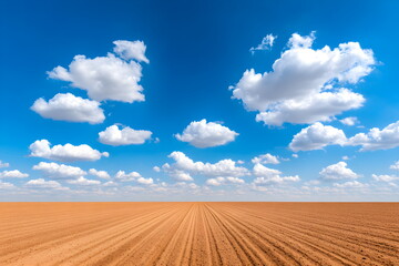 Fototapeta premium A plowed field with neatly turned soil, under a blue sky with fluffy clouds, earthy and peaceful, wide shot of the land