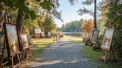 A clean outdoor art show with easels, paintings, and natural lighting