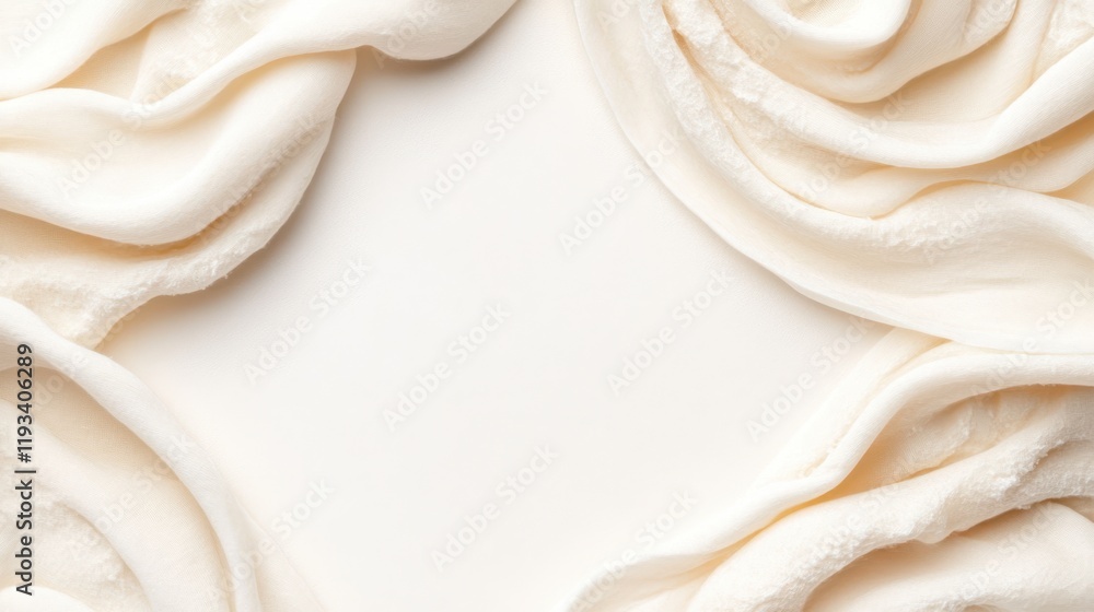 Poster a minimalist composition featuring a soft white fabric set against a seamless white background, emph