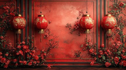 Elegant Red Lanterns with Floral Accents Against a Vibrant Background, Perfect for Celebrating Festivals and Cultural Events in a Traditional Setting