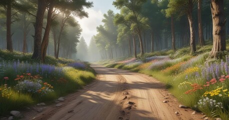 Naklejka premium A winding dirt road meanders through the forest, lined with towering trees and vibrant wildflowers , outdoor, forest path