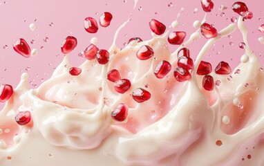 A dynamic milk explosion with pomegranate seeds scattered in motion on a pastel pink backdrop