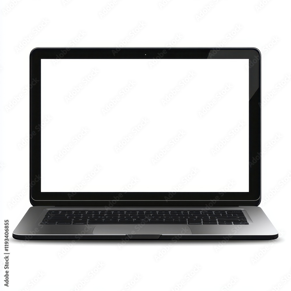 Poster a close-up view of a laptop with an empty white screen, highlighting its sleek design and modern tec