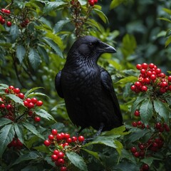 Fototapeta premium colored crow in the flowers in garden.A Pakistani national bird perched in a lush floral garden, with a white background.Blackbird (Turdus merula) sits in dark green leaf foliage. Male bird with