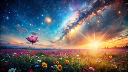 Double Exposure Awareness Month Background: Celestial Galaxy Meets Earthly Bloom for Seasonal Messages